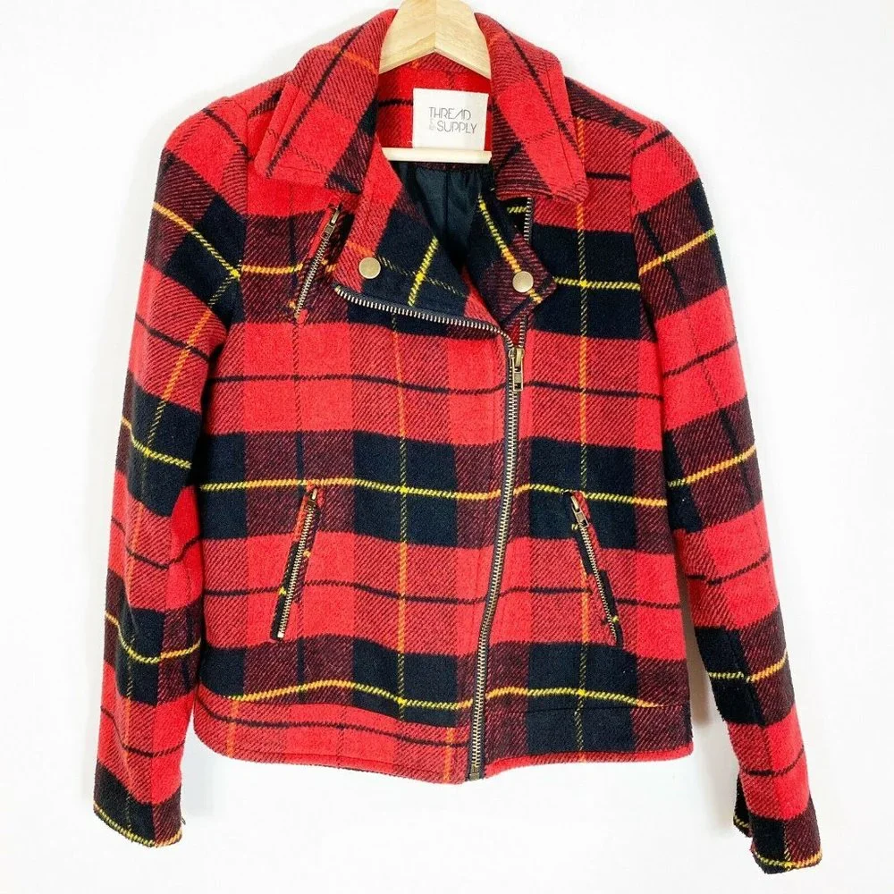 Thread & Supply Tartan Moto style zip jacket women’s Red black‎ size Small